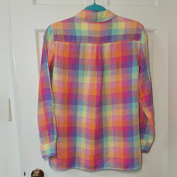 Lands' End Rainbow Madras Plaid Button Down Linen Shirt, Size XS (runs big) - Picture 3 of 9